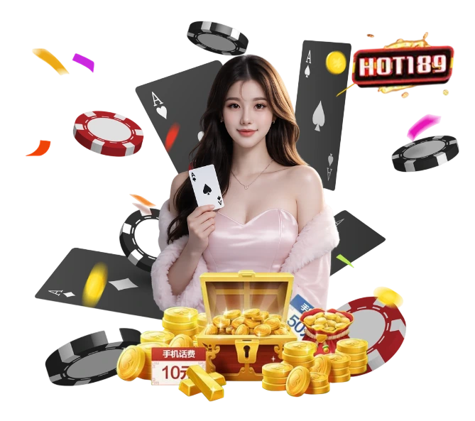 ผู้หญิงชุดสีชมพูถือไพ่เอซ รายล้อมด้วยเหรียญทอง ชิปคาสิโน ไพ่ และหีบสมบัติ พร้อมโลโก้ HOT189 บนพื้นหลังโปร่งใส แนวเกมสล็อตและคาสิโนออนไลน์